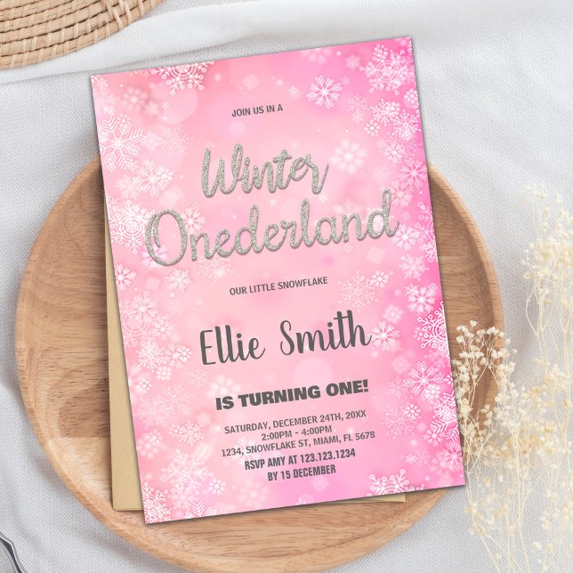 Convites Inverno de um primeiro aniversario terrestre Rosa (winter onederland 1st birthday invitations Pink)