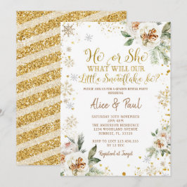Convites Inverno Floral Dourado Floco de Neve Revelação de 