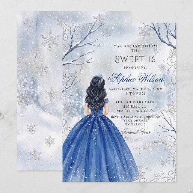 Convites Inverno Mágico Azul Real Princesa Sweet 16 (Frente/Verso)
