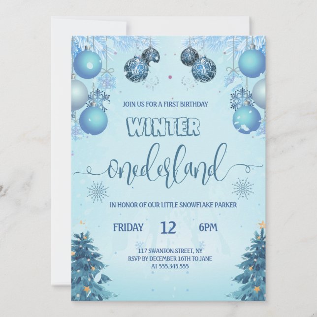 Convites Inverno oenderland para o primeiro aniversário de  (Frente)