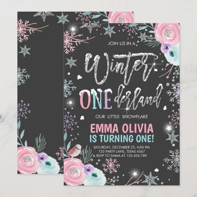 Convites Inverno One derland Pink Silver Black Primeiro Ani (Frente/Verso)