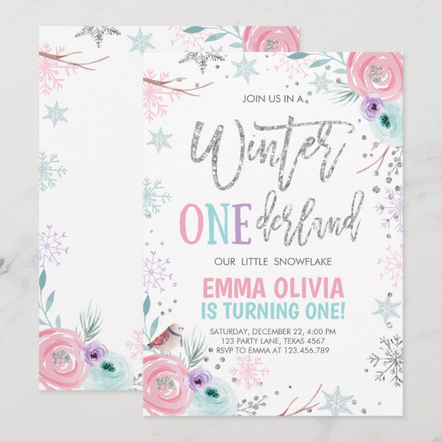 Convites Inverno One derland Pink Silver Primeiro Aniversár (Frente/Verso)
