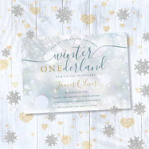 Convites Inverno Onederland 1º Aniversário Azul e Dourado