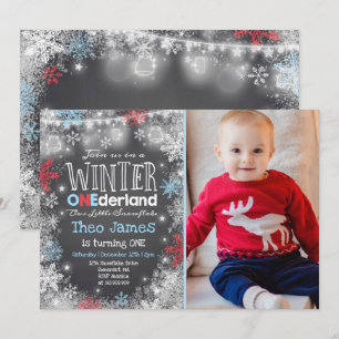 Convites Inverno OneDerland Aniversário Blue Red
