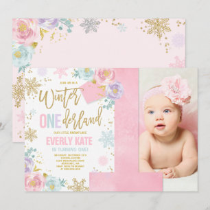 Convites Inverno OneDerland Aniversário de Pink Dourado