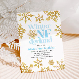 Convites Inverno Onederland Azul Dourado Floco de Neve 1º A