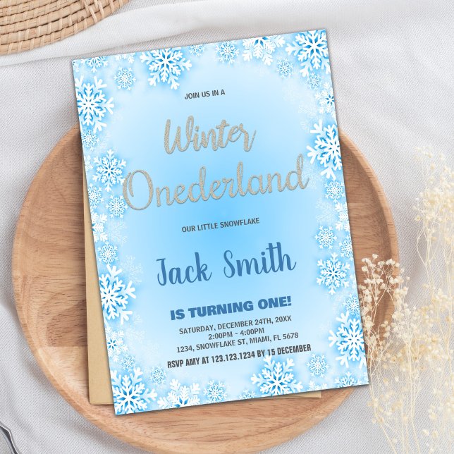 Convites Inverno OneDerland Birthday Incita Neve Azul (Winter ONEderland Birthday Invitations Blue Snow)