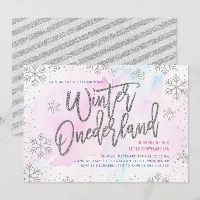 Convites Inverno OneDerland Birthday Silver Glitter (Frente/Verso)