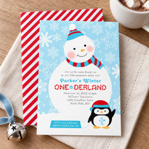 Convites Inverno ONEderland Boneco de Neve Pinguim Trenó