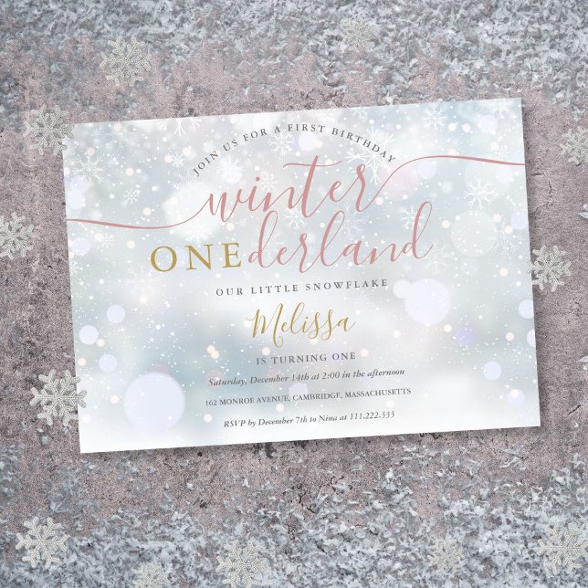 Convites Inverno Onederland, Cor-De-Rosa E primeiro anivers (Winter Onederland Pink And Gold 1st Birthday Invitation)