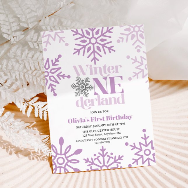 Convites Inverno Onederland Floco de Neve Roxo 1º Aniversár (Criador carregado)