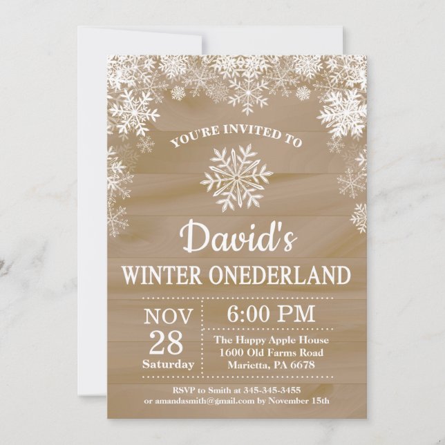 Convites Inverno Onederland Floco de Neve Rústico Aniversár (Frente)