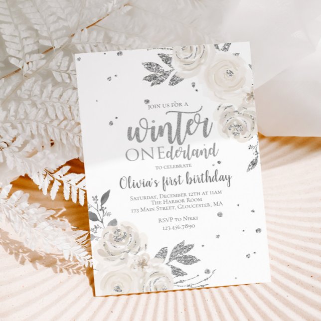 Convites Inverno Onederland Floral com Brilho Prata (Criador carregado)