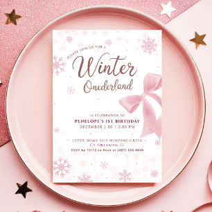 Convites Inverno Onederland Laço de Floco de Neve Rosa Aniv