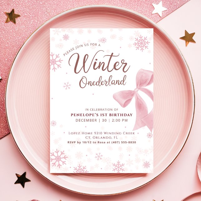 Convites Inverno Onederland Laço de Floco de Neve Rosa Aniv (Criador carregado)