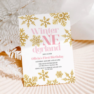 Convites Inverno Onederland Pink Gold Floco de Neve 1º Aniv
