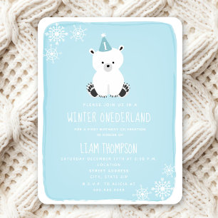 Convites Inverno Onederland Polar Bear Blue Primeiro Aniver