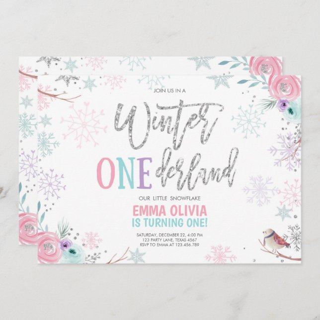 Convites Inverno ONEderland primeiro aniversario Floral de  (Frente/Verso)