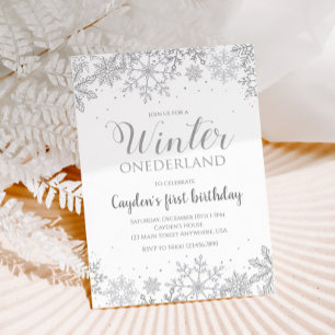 Convites Inverno Onederland Primeiro Aniversário Prata Floc