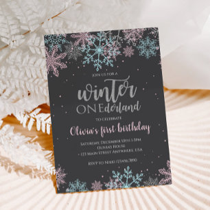 Convites Inverno Onederland Primeiro Aniversário Rosa Azul 
