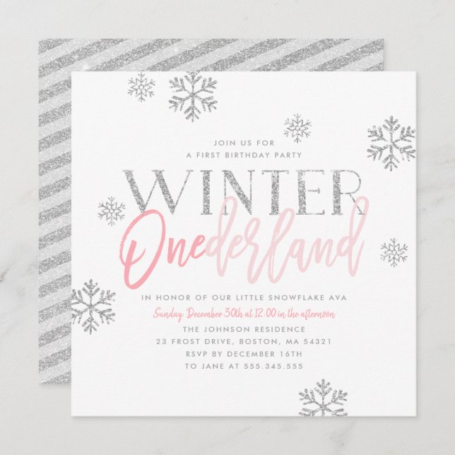 Convites Inverno ONEderland Silver Glitter primeiro anivers (Frente/Verso)