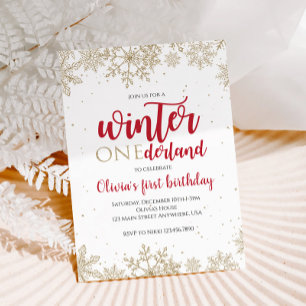Convites Inverno Onederland Vermelho 1º Aniversário Dourado
