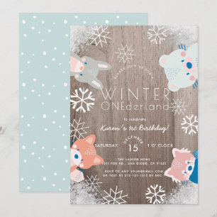 Convites Inverno Onederland Woodland Animais Azul Aniversár