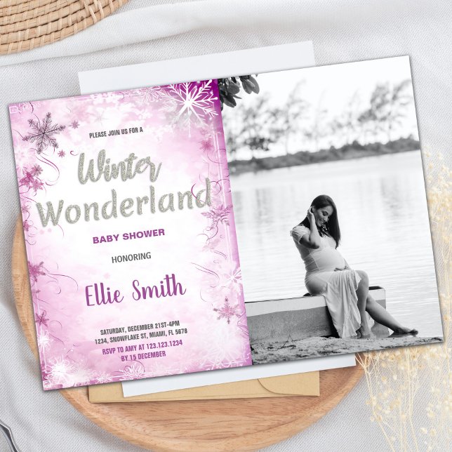 Convites Inverno para bebês chamam foto cor-de-rosa brilhan (Winter Baby Shower Invitations Pink Glitter Photo)