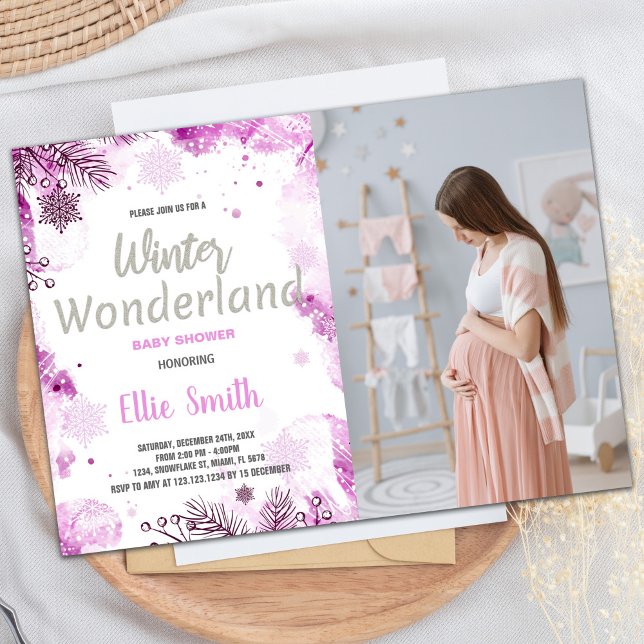 Convites Inverno para bebês chamam foto cor-de-rosa brilhan (Winter Baby Shower Invitations Pink Glitter Photo)
