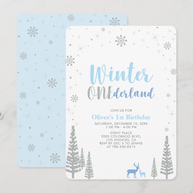 Convites Inverno prateado Onederland festa de 1º aniversári (Frente/Verso)