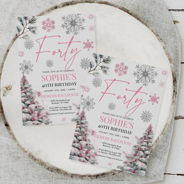 Convites Inverno Quarto Aniversário Convite, Rosa e Prata (Criador carregado)