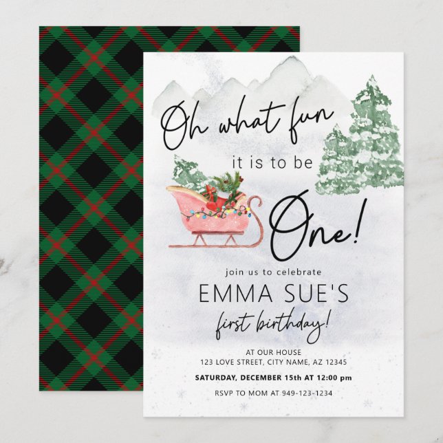 Convites Inverno Que Natal divertido Sleigh Primeiro Aniver (Frente/Verso)