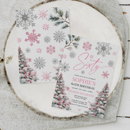 Convites Inverno Sessenta Aniversário Convite, Rosa e Prata