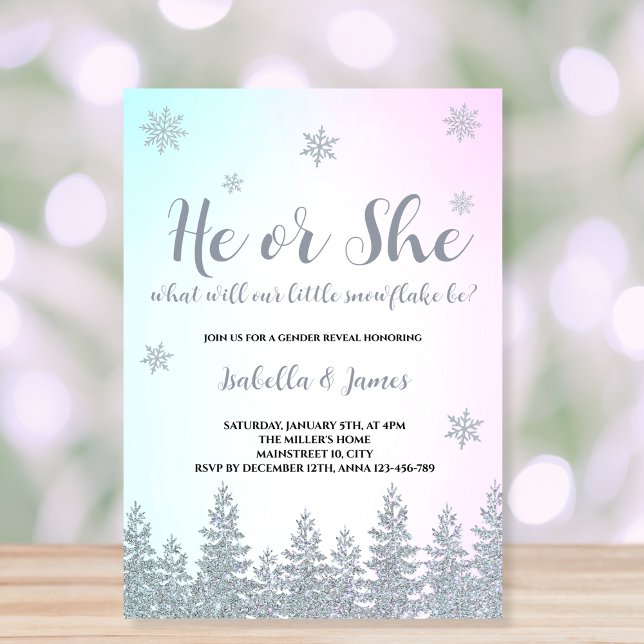 Convites Inverno Sexo Revele Floco de Neve Ele ou Ela (winter gender reveal invitation he or she snowflake pink or blue)