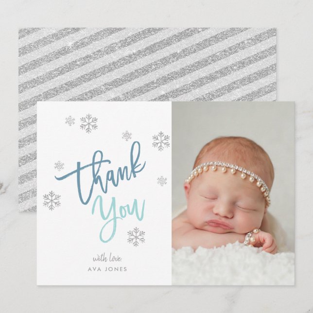 Convites Inverno Silver Glitter Snowflake Obrigado Foto (Frente/Verso)