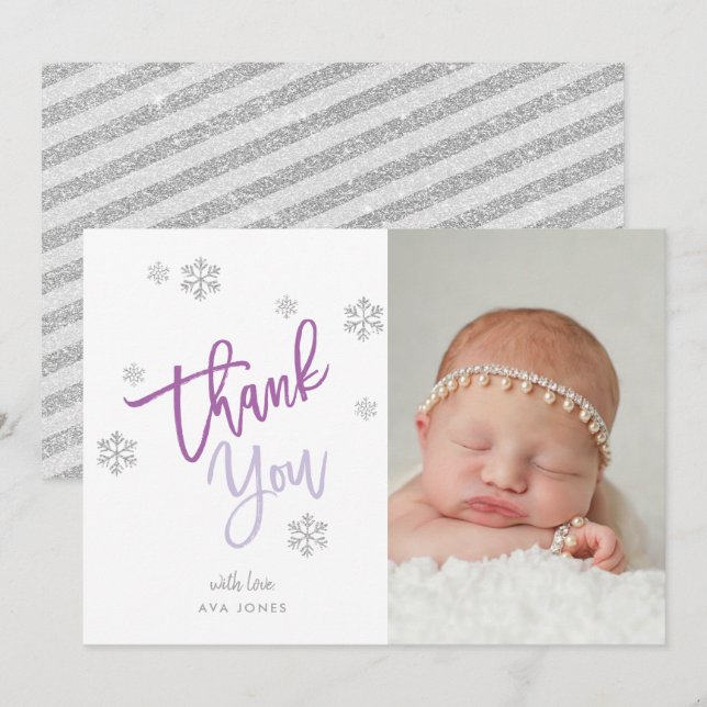 Convites Inverno Silver Glitter Snowflake Obrigado Foto (Frente/Verso)