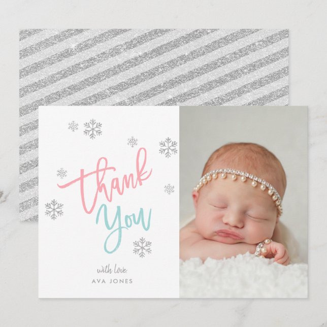 Convites Inverno Silver Glitter Snowflake Obrigado Foto (Frente/Verso)