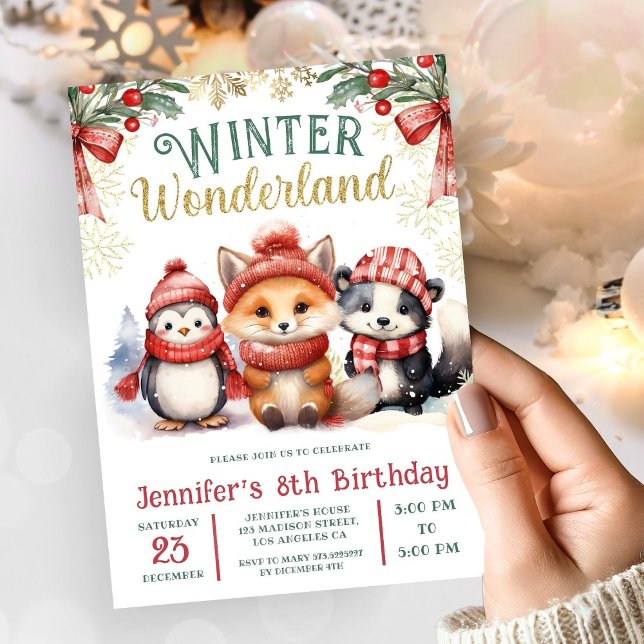 Convites Inverno Wonderland Cute Snow Animais 8º aniversári (Criador carregado)