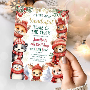 Convites Inverno Wonderland Cute Winter Animal 4º aniversár