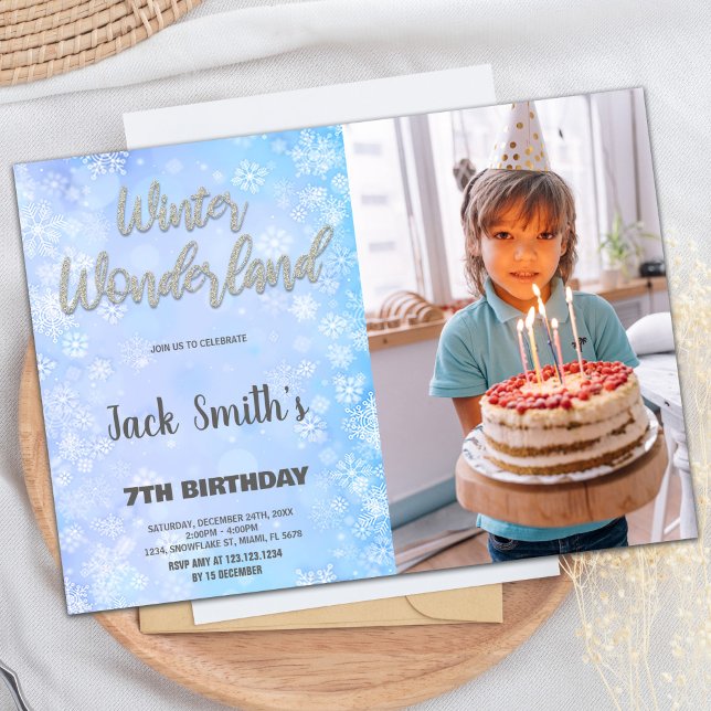 Convites Inverno Wonderland Invoca Foto de Prata Azul (Winter Wonderland Invitations Blue Silver Photo)