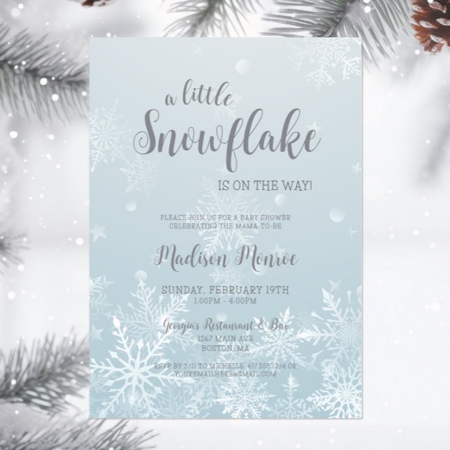 Convites Inverno Wonderland Snowflake Chá de fraldas Convit (A Little Snowflake is on the way Baby Shower Invitation, Blue Winter Wonderland Invite, Script)