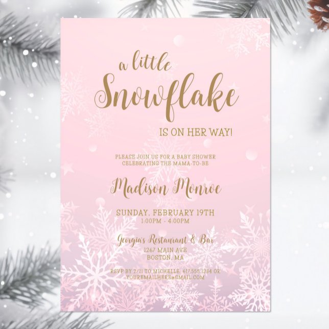 Convites Inverno Wonderland Snowflake Chá de fraldas Convit (A little snowflake is on her way Baby Shower Invitation, Winter Wonderland Invite, Pink Gold Script)