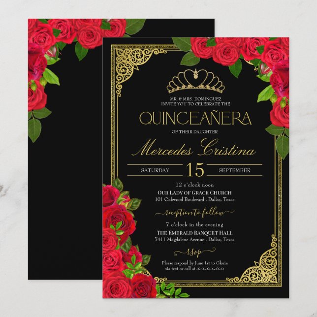 Convites Invit da Quinceañera, Elegante Dourada e Preta do  (Frente/Verso)
