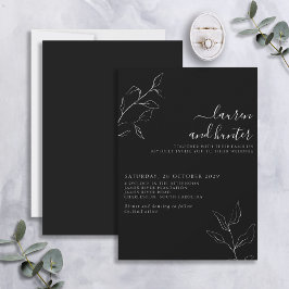 Convites Invit de Casamento Botânico de Script Branco Negro