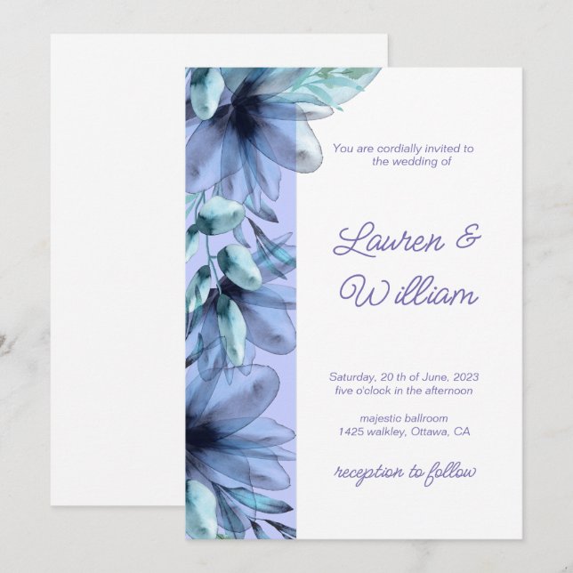 Convites Invit de Casamento com Cor de Água Violeta Floral  (Frente/Verso)