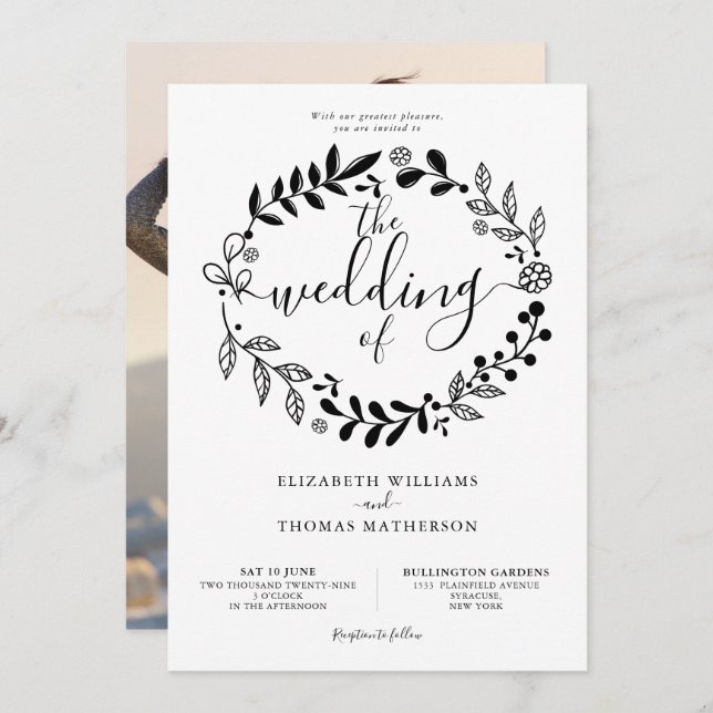 Convites Invit de Casamento de Foto Floral de Garland Preta (Frente/Verso)