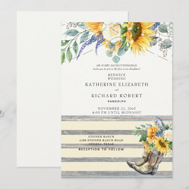 Convites Invit Rustic Sunflower Redneck Wood Boots & Lights (Frente/Verso)