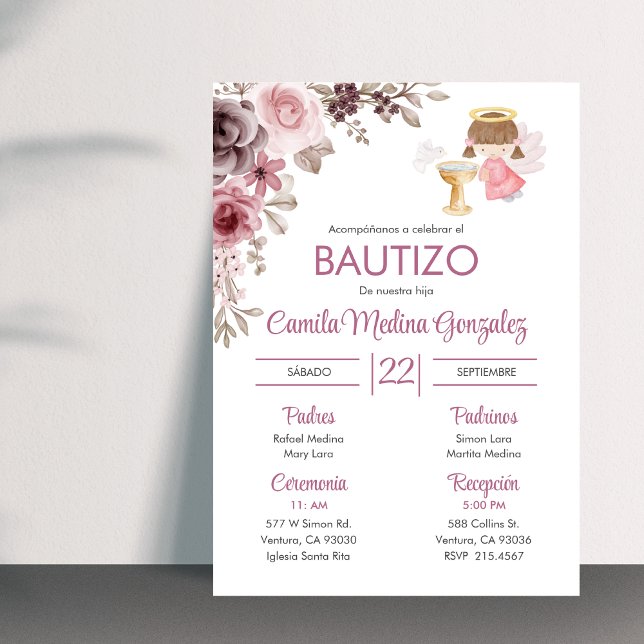 Convites Invitação Bautizo Flowers Cute Girl Angel Baptism (Criador carregado)