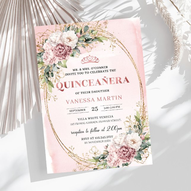 Convites Invitación 15 Años Floral Rosa con Verde Eucalipto (Sparkling Blush Pink Flowers Eucalyptus 15th Birthday Invite

)