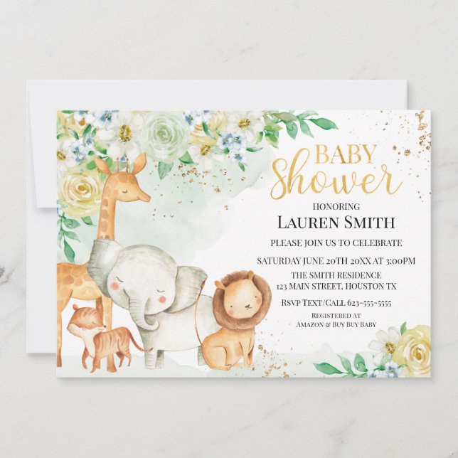 Convites Invitación a Baby Shower para animales florales (Frente)